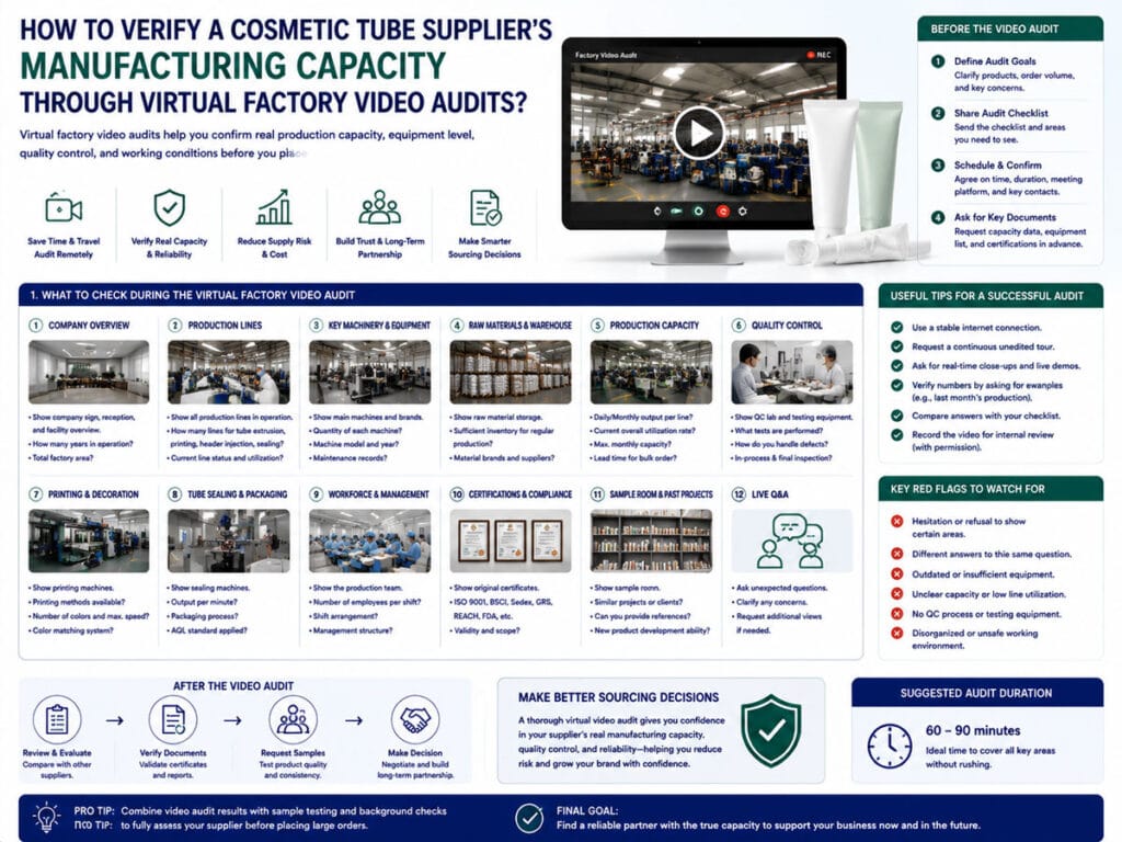 How to verify a cosmetic tube supplier's manufacturing capacity through virtual factory video audits? 1 How to verify a cosmetic tube supplier's manufacturing capacity through virtual factory video audits?