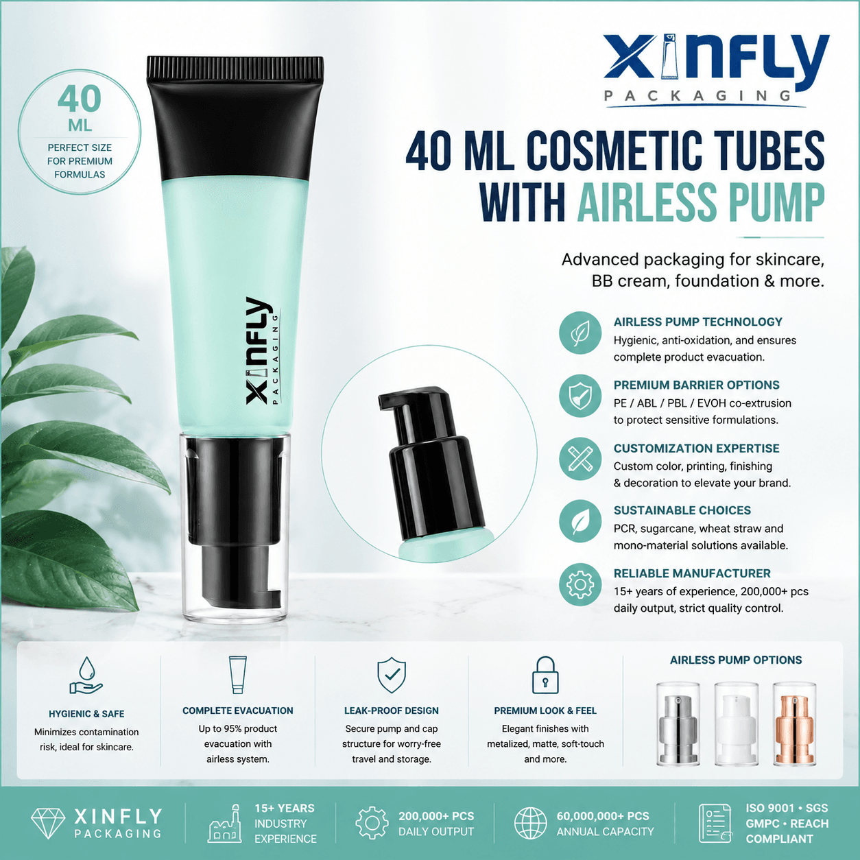 40ml cosmetic tube with black airless pump and transparent protective cap