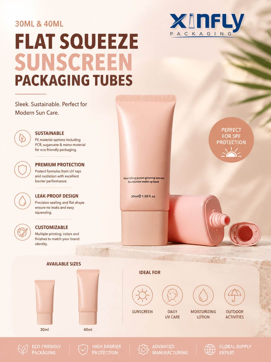 30ml 40ml Flat Squeeze Sunscreen Packaging Tubes with Screw Caps