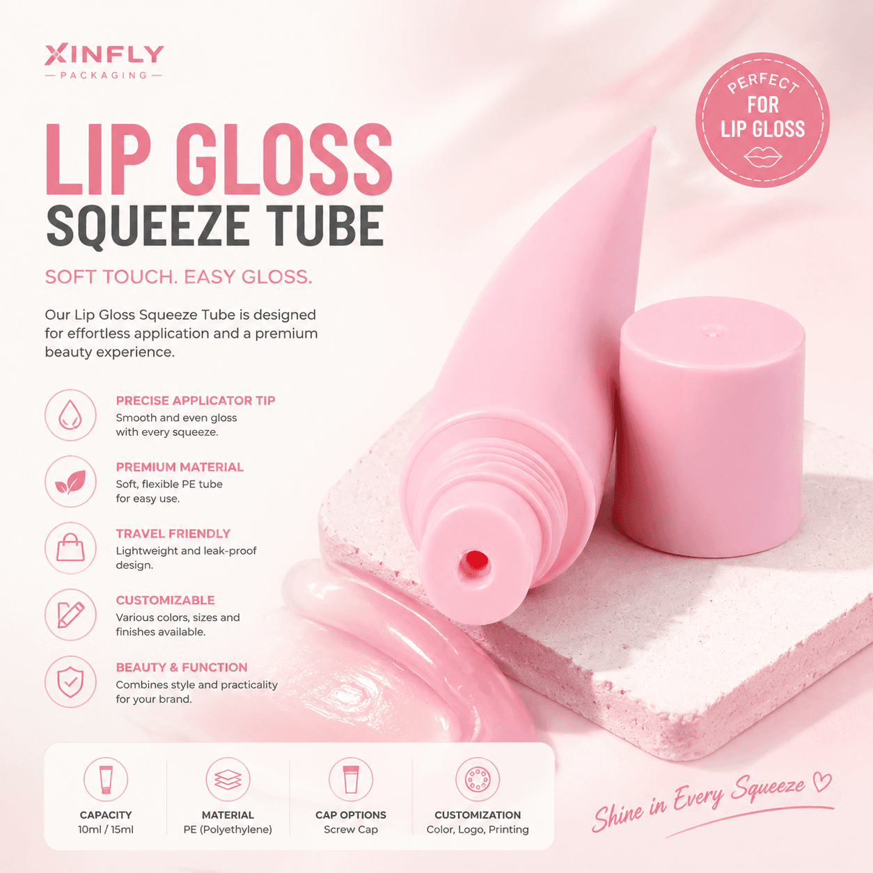 Custom 10ml Lip Gloss Squeeze Tubes with Applicator Tip
