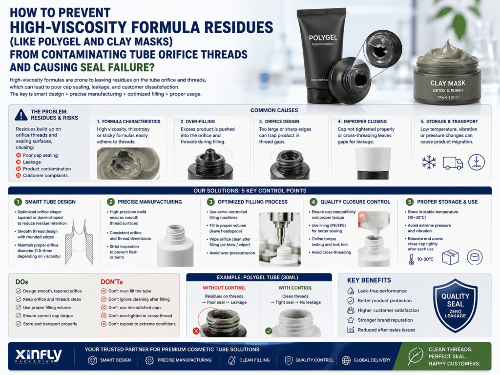 How to prevent high-viscosity formula residues (like polygel and clay masks) from contaminating tube orifice threads and causing seal failure? 1 How to prevent high-viscosity formula residues (like polygel and clay masks) from contaminating tube orifice threads and causing seal failure?