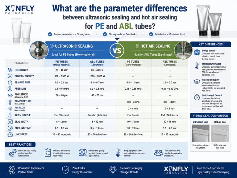 What are the parameter differences between ultrasonic sealing and hot air sealing for PE and ABL tubes? 1 What are the parameter differences between ultrasonic sealing and hot air sealing for PE and ABL tubes