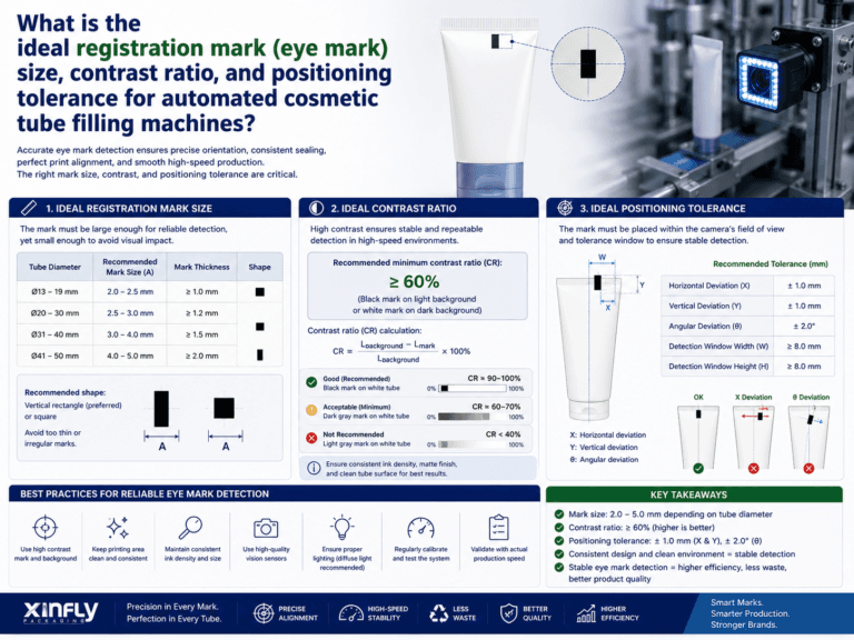 What is the ideal registration mark (eye mark) size, contrast ratio, and positioning tolerance for automated cosmetic tube filling machines? 3 What is the ideal registration mark (eye mark) size, contrast ratio, and positioning tolerance for automated cosmetic tube filling machines?